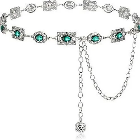 Vintage Carved Alloy Waist Chain For Women Rhinestone Gemstone Decorative Belt Fashion Dress Body Jewelry