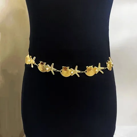 Chaîne de Taille en Métal pour Femmes Vintage Perle Coquillage Étoile de Mer Ceinture Mode Corps Chaîne Bijoux Accessoires