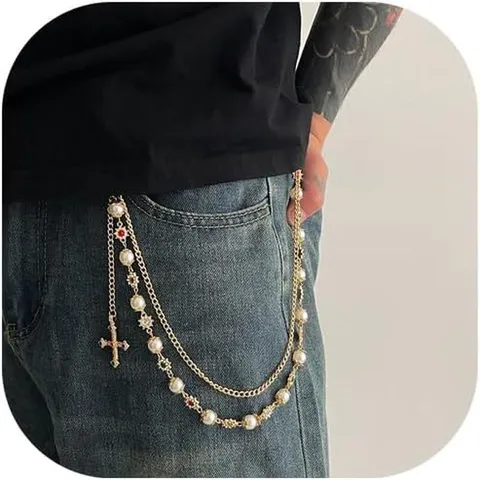 Gotisch Kruis Tailleketting Hip Hop Meerlagig Kunstparel Strass Metaal Broekketting Lichaamssieraden Voor Mannen Vrouwen