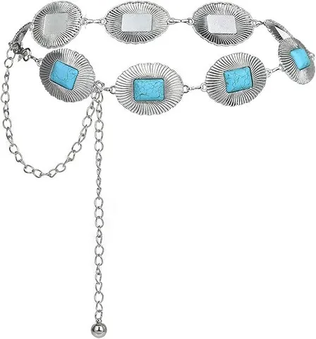 Chaîne de Taille en Métal Vintage pour Femme Mode Rétro Ovale Turquoise Incrusté Chaîne de Corps Décorative Ceinture Réglable