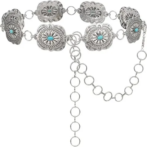 Chaîne de Taille en Métal de Style Ethnique Vintage pour Femmes Mode Fleur Sculptée Ceinture Turquoise Bijou de Corps Réglable