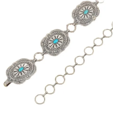 Chaîne de Taille en Métal de Style Ethnique Vintage pour Femmes Mode Fleur Sculptée Ceinture Turquoise Bijou de Corps Réglable