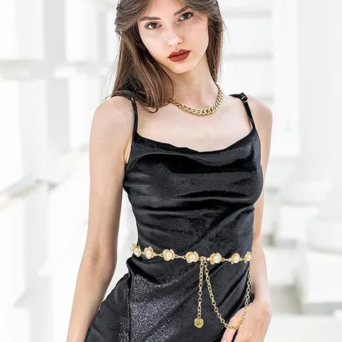Femmes Métal Chaîne de Taille Ceinture Ajustable Robe Corps Bijoux Avec Fleur de Perle Et Design de Disque Mode Accessoires de Taille