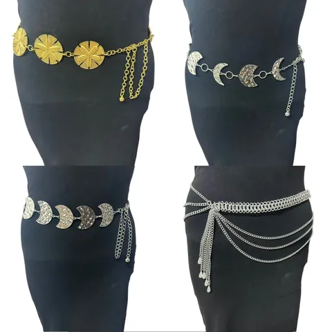 Chaîne de Taille de Mode pour Femmes Métal Argent Or Floral Lune Pendentif Perle Multi-couches Ceinture de Robe Bijou de Corps