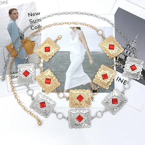 Mode Legering Ketting Tailleketting Veelzijdig Geometrisch Gegraveerd Rode Edelsteen Lichaamsketting Mode Sieraden Voor Dames