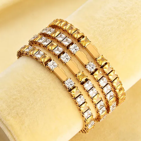 Unisex Hip Hop Stainless Steel Tennis Bracelet Zirconia Square Cut Full Rhinestone Chain Luxury Jewelry Gift