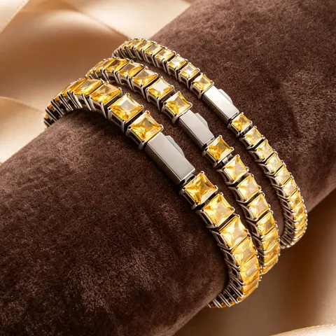 Unisex Hip Hop Stainless Steel Tennis Bracelet Zirconia Square Cut Full Rhinestone Chain Luxury Jewelry Gift