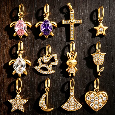 Stainless Steel DIY Pendant Charms Cute Animal Floral Heart Star Key Pendants With Rhinestones For Bracelet Necklace