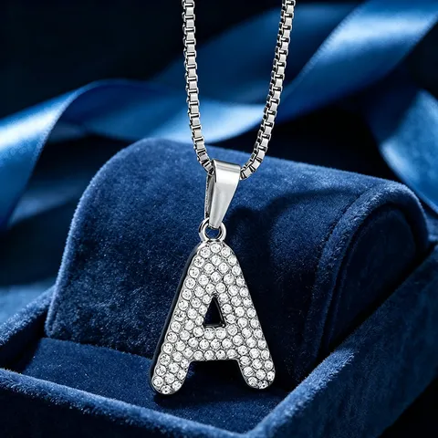 Retro Cursive Letter Pendant Necklace Stainless Steel Hip-Hop Chain Zircon Rhinestone Jewelry Gift For Women