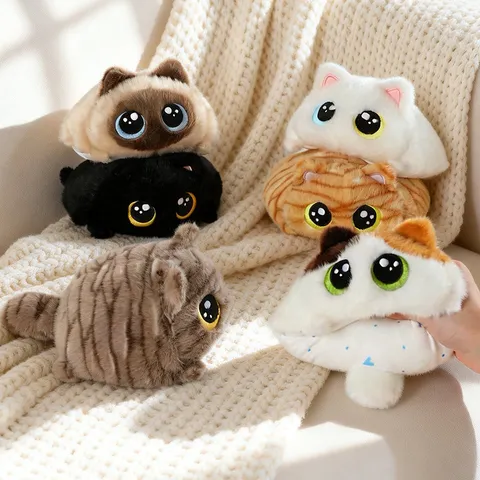 Cute Chubby Cat Plush Toy Round Soft Stuffed Kitten Animal Doll For Kids Gift Siamese Black White Calico Tabby Ragdoll Plushie