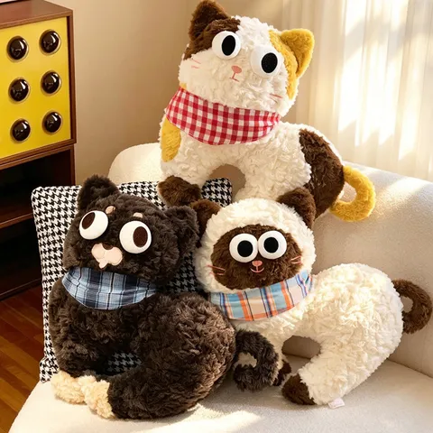 Cartoon Funny Large Eye Cat Plush Toy Stuffed Animal Pillow Calico Siamese Black Cat Doll Home Decor Cushion For Kids Gift