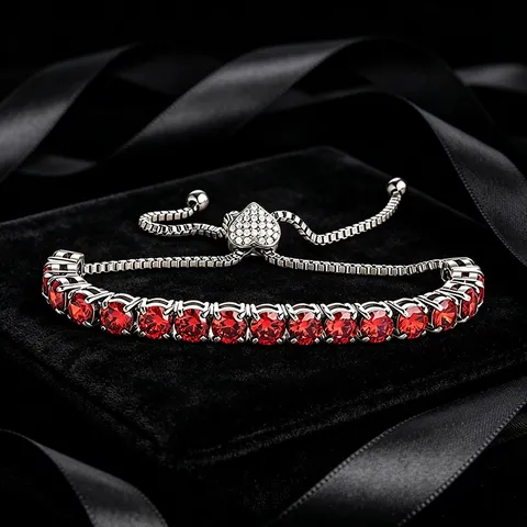 Stainless Steel Tennis Bracelet With Red Zirconia Geometric Pull Chain Adjustable Women Banquet Fashion Jewelry