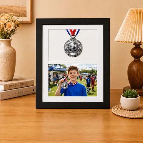 Medal Display Frame Photo Frame With Double Windows For Sports Marathon Soccer Medal Photo Display Solid Wood MDF Frame