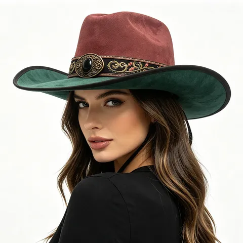 Chapeau de Cowboy Occidental en Suède Patchwork Bandeau Brodé Boucle Vintage Bord Incurvé Style Ethnique Chapeau de Soleil Homme Femme