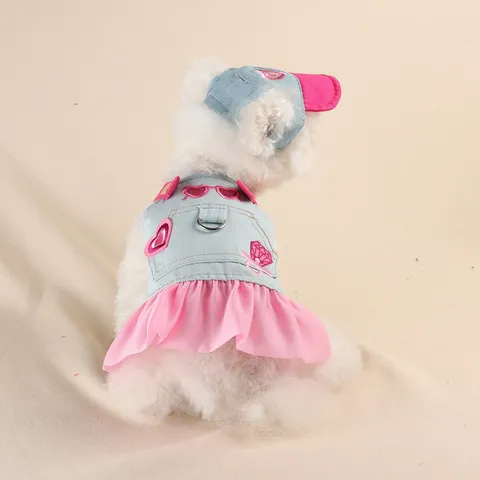 Cute Pet Dog Denim Dress And Hat Set Sweet Heart Embroidery Small Puppy Princess Skirt Casual Pet Apparel Clothing