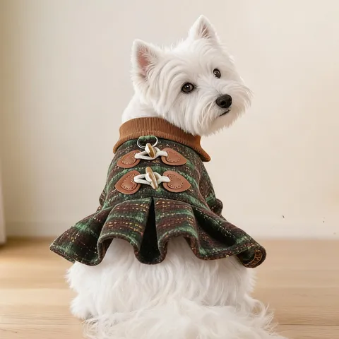 Pet Dog Dress Fall Winter Plaid Skirt Cute Puppy Clothes With Leash Hole Turn Down Collar Pet Apparel