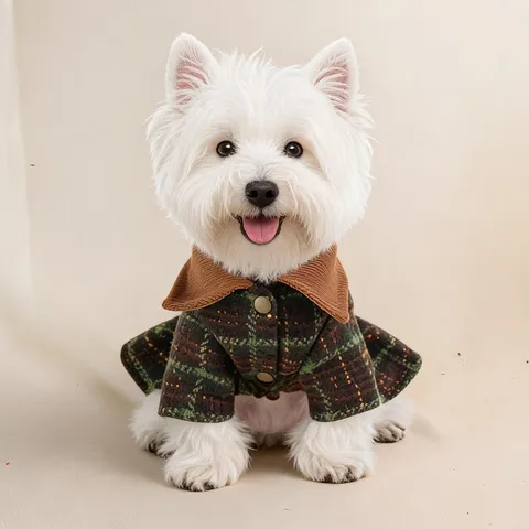 Pet Dog Dress Fall Winter Plaid Skirt Cute Puppy Clothes With Leash Hole Turn Down Collar Pet Apparel