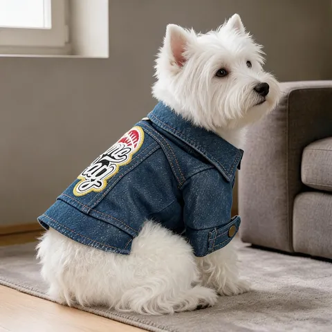 Pet Dog Denim Jacket Puppy Winter Autumn Clothes Retro Game Day Embroidery Coat With Leash Ring For Small Dogs Pets Apparel