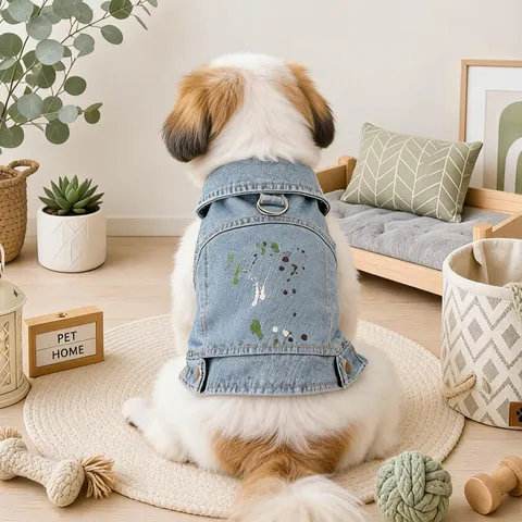 Pet Denim Jacket Colorful Graffiti Dog Clothes Cute Puppy Coat Turn Down Collar With D Ring Spring Autumn Apparel