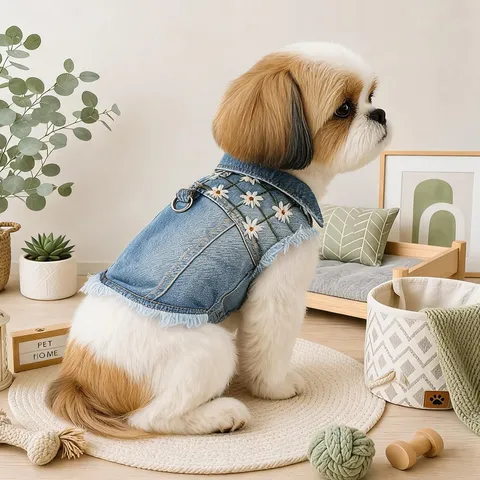 Small Dog Denim Vest Cute Daisy Floral Embroidery Puppy Clothes Lapel Pet Apparel Autumn Winter Clothes For Small Dogs