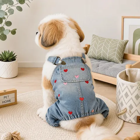 Pet Dog Denim Overalls Jumpsuit Heart Embroidery Four Legged Clothes Puppy Apparel For Small Dogs Spring Autumn