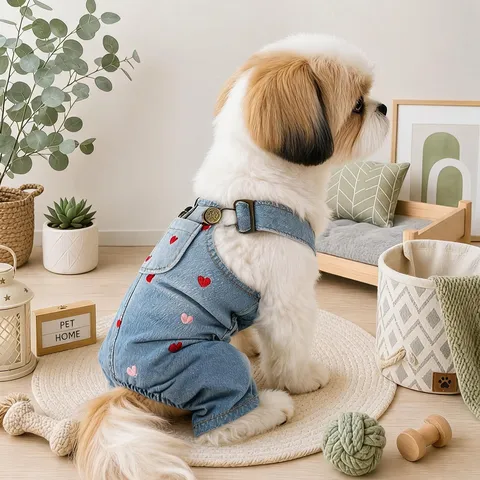 Pet Dog Denim Overalls Jumpsuit Heart Embroidery Four Legged Clothes Puppy Apparel For Small Dogs Spring Autumn