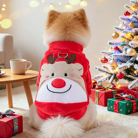 Pet Christmas Fleece Coat Puppy Warm Reindeer Santa Costume Small Dog Winter Apparel Festive Holiday Outfit