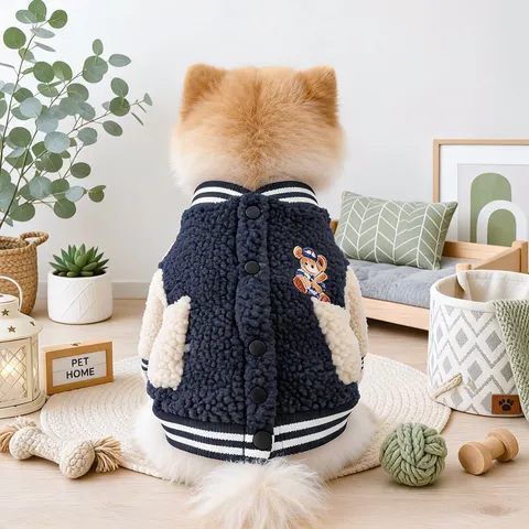 Pet Dog Fleece Baseball Jacket Warm Winter Puppy Coat Cute Bear Embroidery Casual Apparel For Small Dogs