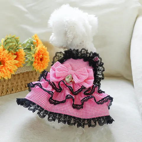 Cute Plaid Pet Dog Princess Dress With Bowknot Lace Sweet Puppy Apparel Clothes For Small Dogs Cats Daily Wear