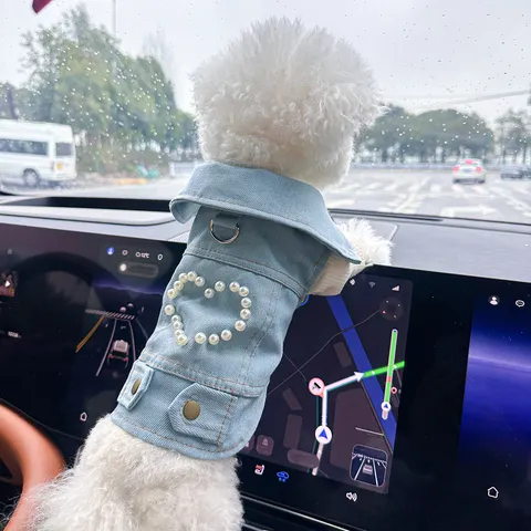 Pet Denim Jacket Pearl Heart Puppy Coat Cute Dog Clothes For Small Dogs Cats Puppy Apparel Pet Supplies