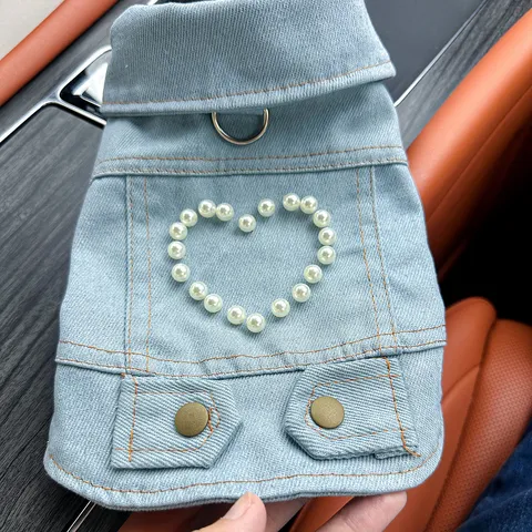 Pet Denim Jacket Pearl Heart Puppy Coat Cute Dog Clothes For Small Dogs Cats Puppy Apparel Pet Supplies