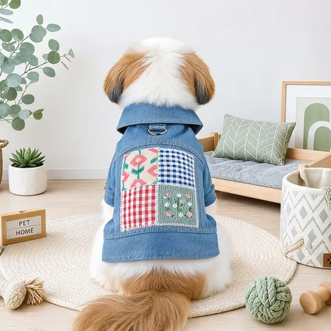 Small Dog Denim Jacket Puppy Floral Patchwork Coat Pet Casual Lapel Clothes With Leash Ring For Autumn Winter