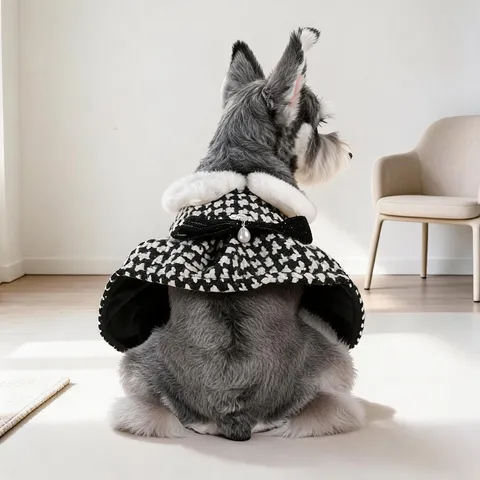 Abito per Cani Domestici Pied-de-poule Autunno Inverno Caldo Gonna Principessa Carino Fiocco Perla Abbigliamento per Cani Piccoli Cuccioli