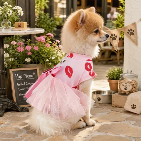 Mascota Perro Vestido Lindo Labios Rojos Estampado Tutu Falda Malla Lazo Princesa Cachorro Ropa Para Pequeños Gatos