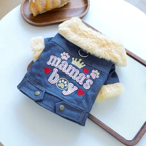 Pet Dog Denim Cotton Coat Winter Warm Puppy Clothes Fleece Lined Cute Dog Jacket Apparel For Small Dogs