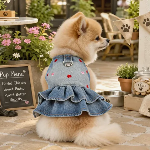Pet Dog Denim Dress Cute Heart Embroidery Ruffle Princess Skirt Small Dog Cat Summer Clothes