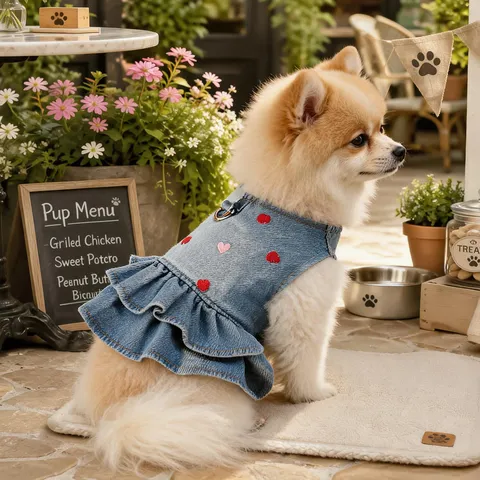 Pet Dog Denim Dress Cute Heart Embroidery Ruffle Princess Skirt Small Dog Cat Summer Clothes