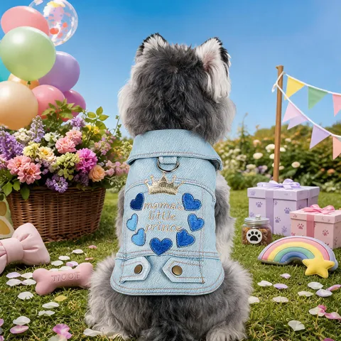 Pet Denim Vest Cute Crown Heart Embroidery Puppy Dog Clothes Small Dog Denim Jacket Comfortable Pet Apparel