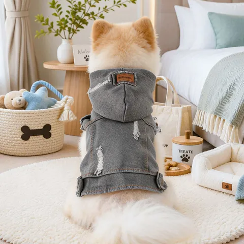 Pet Denim Jacket Spring Summer Dog Cat Cool Vintage Distressed Hooded Vest Puppy Apparel Clothing Pet Outfit