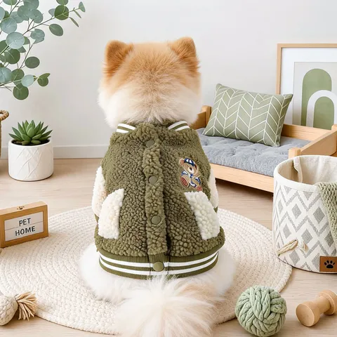 Pet Fleece Baseball Uniform Small Dog Clothes Warm Windproof Coat Puppy Jacket Winter Apparel With Cute Bear Embroidery