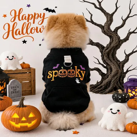 Pet Halloween Hoodie Cute Puppy Small Dog Sweatshirt Pumpkin Ghost Embroidery Warm Fall Winter Apparel Pet Supplies