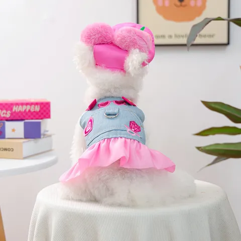 Pet Dog Denim Skirt And Hat Set Cute Strawberry Plush Ears Dress Small Dogs Cats Apparel
