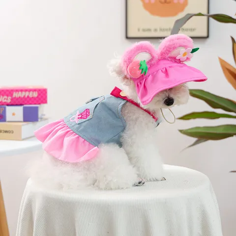 Pet Dog Denim Skirt And Hat Set Cute Strawberry Plush Ears Dress Small Dogs Cats Apparel