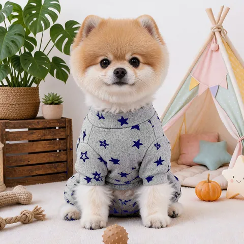 Small Dog Four-Legged Onesie Spring Autumn Gray Star Pattern Soft Home Pajamas Puppy Clothes Pet Apparel