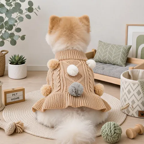 Cute Pet Dog Knit Sweater Dress Puppy Warm Winter Clothes Acrylic Material With Pom Pom Design For Small Dogs Apparel