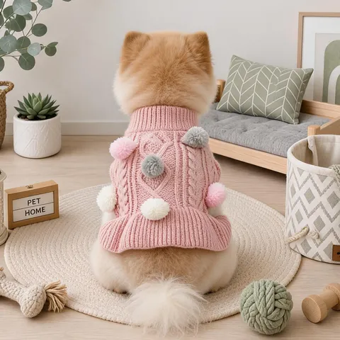 Cute Pet Dog Knit Sweater Dress Puppy Warm Winter Clothes Acrylic Material With Pom Pom Design For Small Dogs Apparel