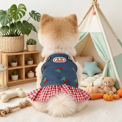 Pet Dog Denim Dress Cute Cherry Embroidery Suspenders Skirt Spring Summer Small Dog Apparel Puppy Clothes