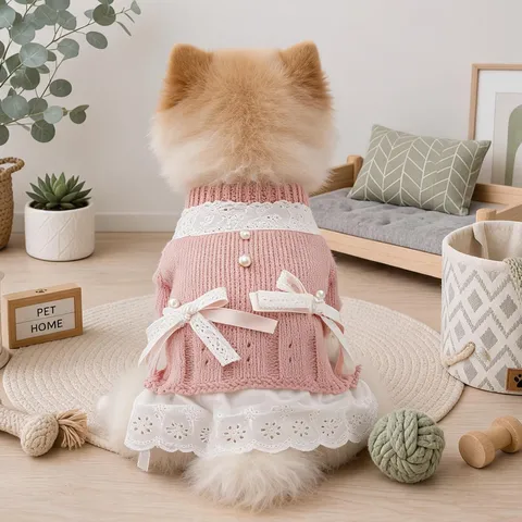Vestito Maglione in Maglia per Cani da Compagnia Vestiti da Cucciolo di Principessa Carina con Pizzo Fiocco Perle Abbigliamento Autunno Inverno per Cani Piccoli
