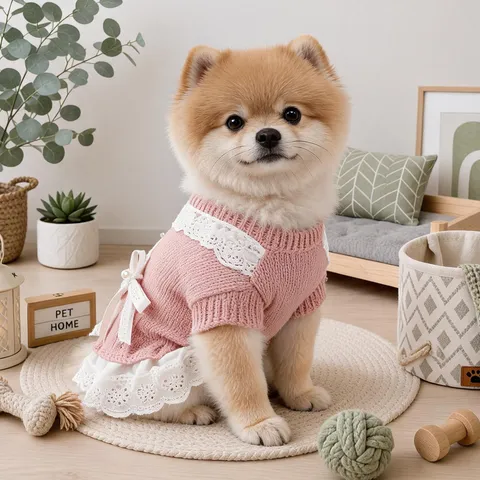 Vestito Maglione in Maglia per Cani da Compagnia Vestiti da Cucciolo di Principessa Carina con Pizzo Fiocco Perle Abbigliamento Autunno Inverno per Cani Piccoli