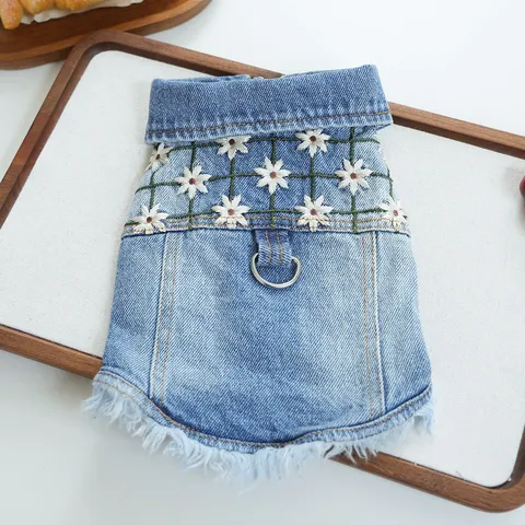 Small Dog Denim Vest Cute Daisy Floral Embroidery Puppy Clothes Lapel Pet Apparel Autumn Winter Clothes For Small Dogs